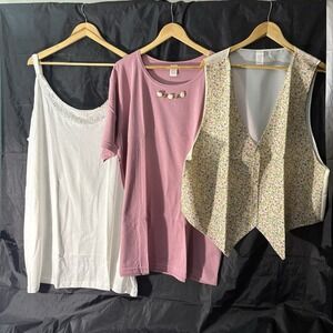 Vintage Avon 3X Plus Size Lot of 3 – Pink Top, White Chemise, Ivory Floral Vest